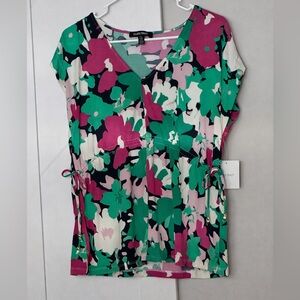 Ellen Tracy NWT Floral V-Neck Blouse Medium Tie Waist Pink Green